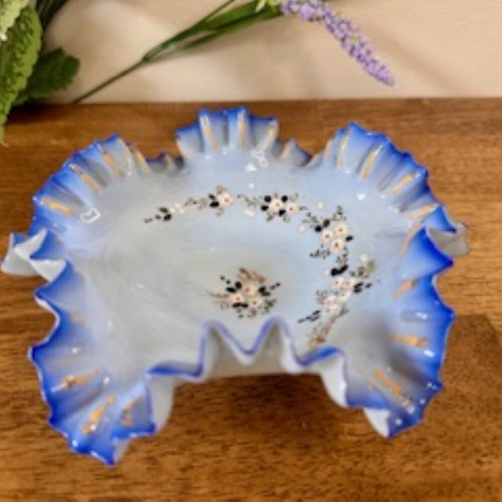 Victorian Style Ruffle Milk Glass Bowl Hand Painted Floral Blue Edge Brides Bowl